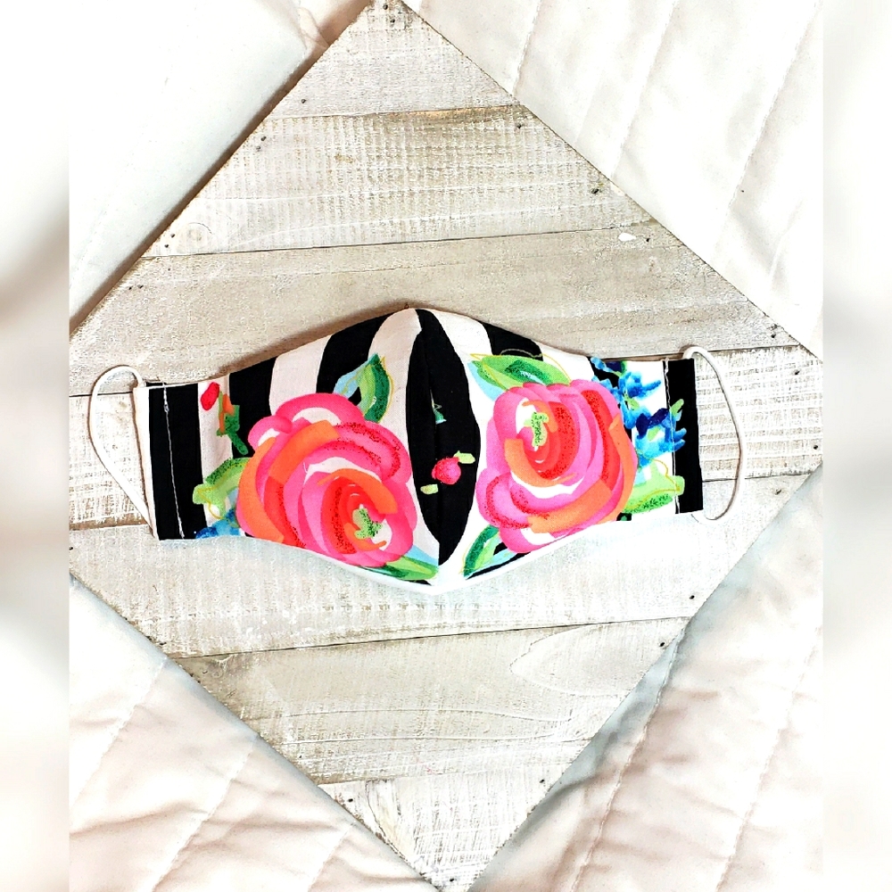 Rose Striped Face Mask Reversible Triple Layer Filter NWT